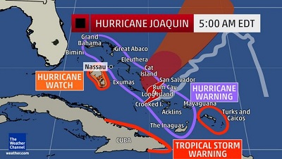 Mappa delle allerte ai Caraibi in queste ore in cui sta transitando in particolare sulle Bahamas il potente categoria 4 Joaquin