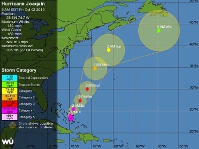 Traiettoria che verrà seguita dall'uragano Joaquin che in queste ore si trova sulle Bahamas portando piogge torrenziali e venti fortissimi