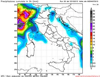 Precipitazioni previste in serata dal modello GFS sull'Italia