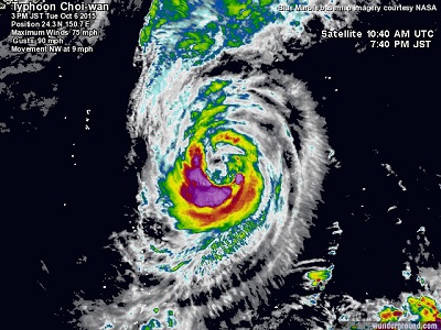 Il tifone Choi-wan si trova in mare aperto ed è classificato come sistema di categoria 1 con venti fino a 120kmh