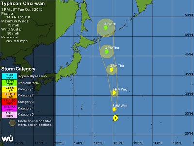 La traiettoria del tifone Choi-wan punta direttamente verso il Giappone, dove dovrebbe arrivare già tra giovedì e venerdì