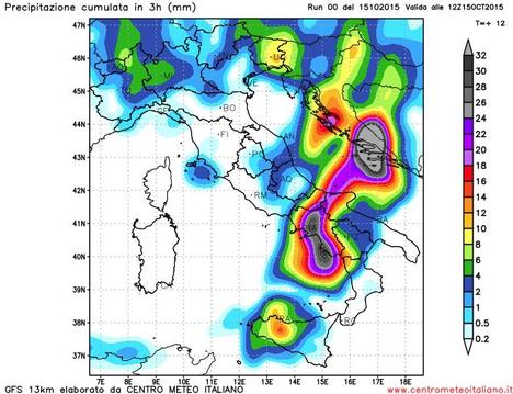 Precipitazioni previste dal modello GFS per la mattinata di oggi sull'Italia