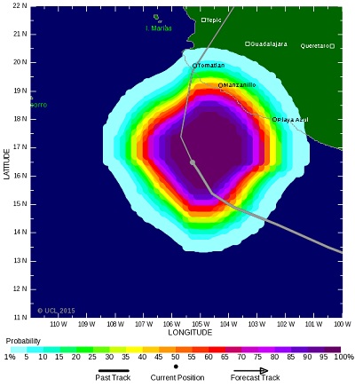 Probabilità d'impatto del più potente uragano mai registarto, Patricia, prossimo alle coste del Messico