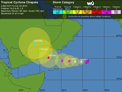 Il ciclone Chapala, previsto diventare un categoria 5 nelle prossime ore, è diretto verso Oman e Yemen, dove porterà precipitazioni torrenziali e venti fortissimi