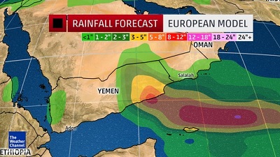 Precipitazioni attese portate tra Oman e Yemen dal ciclone Chapala in sole 24 ore dovrebbe cadere la pioggia che cade in 3 anni