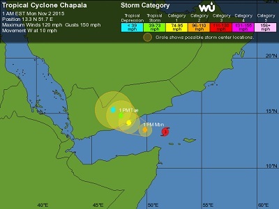 Traiettoria del ciclone tropicale Chapala, il più forte sistema mai registrato in Arabia