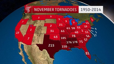 numero di tornado registrati negli USA nel mese di novembre tra il 1950 e il 2004