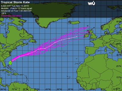 ultime proiezioni dei modelli che vedono l'uragano Kate attraversare l'Atlantico fino a raggiungere le Isole Britanniche