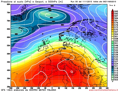 Situazione sinottica europea per la giornata di 11 Novembre elaborata dal modello Gfs.