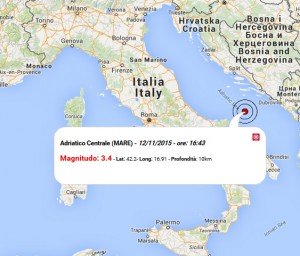 Terremoto oggi Italia, 12 novembre 2015: scossa nell'Adriatico Centrale di M 3.4, ieri eventi sismici a Udine - Dati INGV