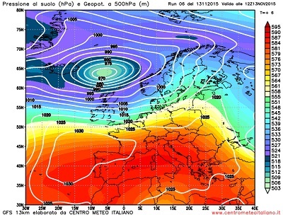Modello GFS elaborato dal nostro centro di calcolo - Geopotenziale a 500 hPa e pressione al livello del mare alle 12Z del 13 novembre 2015