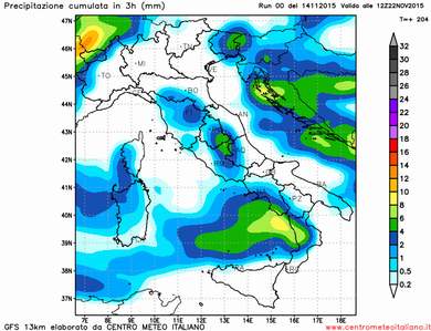 Modello GFS elaborato dal nostro centro di calcolo - Precipitazioni previste nella mattinata del 22 Novembre
