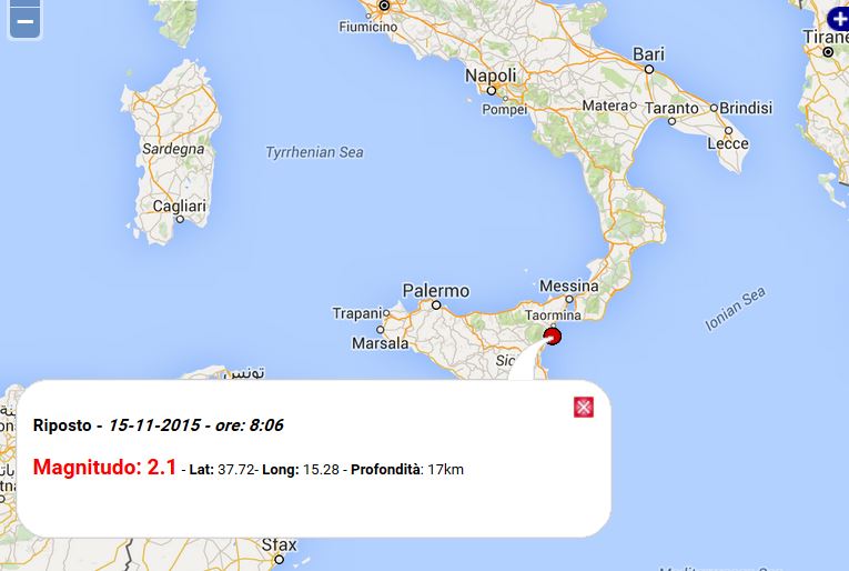 Terremoto oggi Sicilia 15 novembre 2015, scossa M 2.1 Richter costa Catanese, dati Ingv Terremoto oggi Sicilia 15 novembre 2015, scossa M 2.1 Richter costa Catanese, dati Ingv