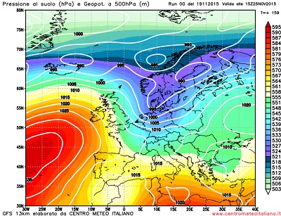 Analisi Modelli Gfs 00Z del 19 novembre 2015: impulsi freddi e maltempo sull'Italia 