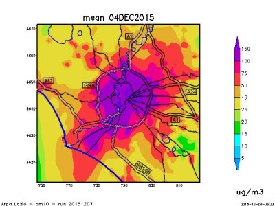 Concentrazione giornaliera di polveri sottili in continuo aumento sull'Italia e anche su Roma, con valori medi di PM10 oltre il limite di legge