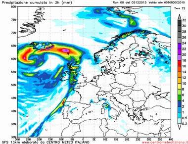 Modello GFS elaborato dal nostro centro di calcolo - Precipitazioni accumulate dalle 18Z del 7 alle 00Z del 8 dicembre 2015 