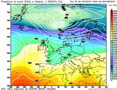 Modello GFS elaborato dal nostro centro di calcolo - Geopotenziale a 500 hPa e pressione al livello del mare alle 00Z del 14 dicembre 2015