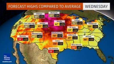 Temperature fino a +15°C oltre le medie del periodo sugli Stati Uniti centro settentrionali