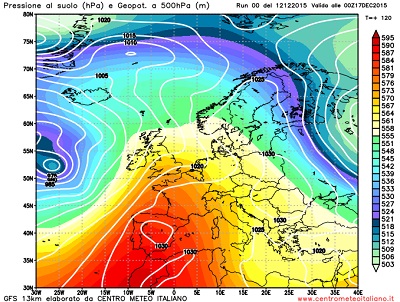 Modello GFS elaborato dal nostro centro di calcolo - Pressione al livello del mare e geopotenziale a 500hPa per le 00Z del 17 agosto 2015