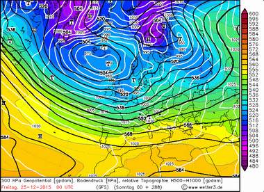 Situazione prevista per il giorno di Natale 2015 dal modello GFS 06, la sua validità è però quasi nulla - wetterzentrale.de 