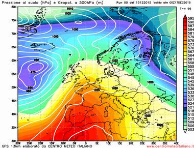 Modello GFS elaborato dal nostro centro di calcolo - Pressione al livello del mare e geopotenziale a 500hPa per le 00Z del 17 dicembre 2015 