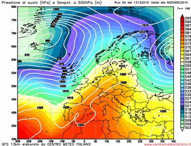 Modello GFS elaborato dal nostro centro di calcolo - Pressione al livello del mare e geopotenziale a 500hPa per le 00Z del 20 Dicembre 2015 