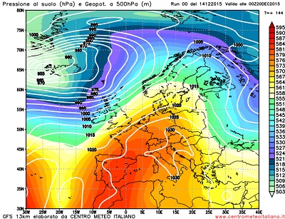 Modello GFS elaborato dal nostro centro di calcolo - Pressione al livello del mare e geopotenziale a 500hPa per le 00Z del 20 Dicembre 2015 
