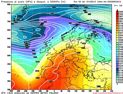 Modello GFS elaborato dal nostro centro di calcolo - Pressione al livello del mare e geopotenziale a 500hPa per le 00Z del 20 dicembre 2015 
