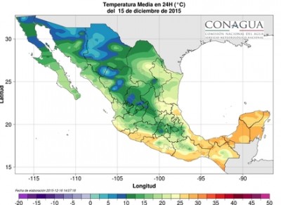 Temperature medie della giornata di ieri, 16 dicembre 2015, in Messico, con la parte settentrionale interessata da una ondata di freddo