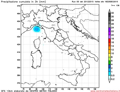 Modello GFS elaborato dal nostro centro di calcolo - Precipitazioni cumulate tra le 12Z e le 18Z del 25 dicembre 2015