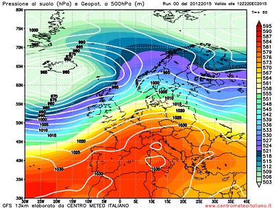 Modello GFS elaborato dal nostro centro di calcolo - Pressione al livello del mare e geopotenziale a 500hPa per le 12Z del 22 dicembre 2015