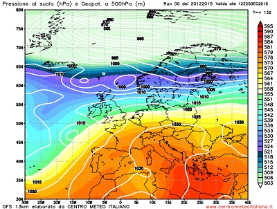 Modello GFS elaborato dal nostro centro di calcolo - Pressione al livello del mare e geopotenziale a 500hPa per le 12Z del 25 dicembre 2015