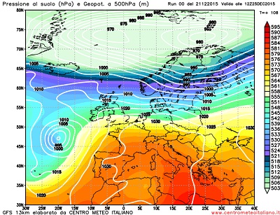 Modello GFS elaborato dal nostro centro di calcolo - Pressione al livello del mare e geopotenziale a 500hPa per le 12Z del 25 dicembre 2015 