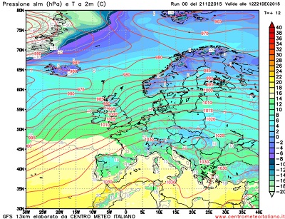 Modello GFS elaborato dal nostro centro di calcolo - Pressione al livello del mare e Temperatura al suolo, ore  12Z del 21 dicembre 2015 