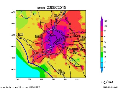 Concentrazione di PM10 attesa per la giornata di domani, 23 dicembre, su Roma e dintorni, dove continuano le targhe alterne per ridurre l'inquinamento