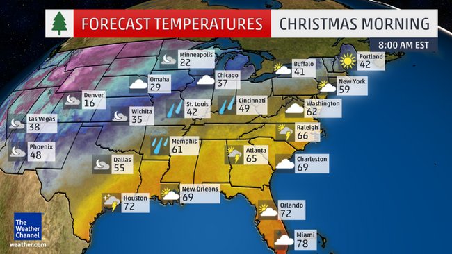 Previsioni del tempo per la settimana natalizia nelle principali città del Midest. Fonte, Weather.com