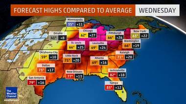 Temperature massime previste per Mercoledì 23 Dicembre confrontate con la media del periodo. Fonte Weather.com