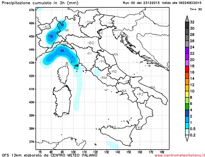 Modello GFS elaborato dal nostro centro di calcolo - Precipitazioni cumulate tra le 00Z e le 06Z del 24 dicembre 2015