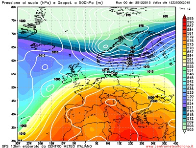Modello GFS elaborato dal nostro centro di calcolo - Pressione al livello del mare e geopotenziale a 500hPa per le 12Z del 25 dicembre 2015