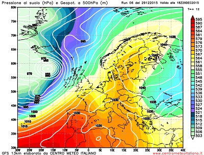 Modello GFS elaborato dal nostro centro di calcolo - Pressione al livello del mare e geopotenziale a 500hPa per le 18Z del 29 dicembre 2015