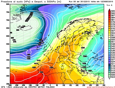 Modello GFS elaborato dal nostro centro di calcolo - Pressione al livello del mare e geopotenziale a 500hPa per le 12Z del 30 dicembre 2015