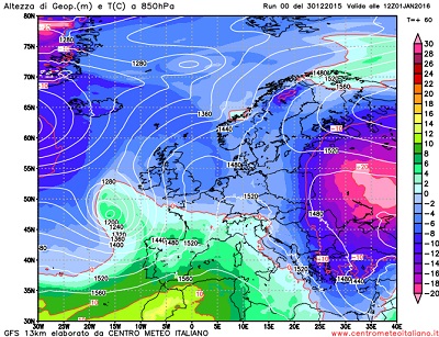 Modello GFS elaborato dal nostro centro di calcolo - Temperatura a 850hPa per le 12Z del 01 gennaio 2016