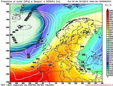 Situazione sinottica sull' Europa prevista per oggi dal modello di calcolo gfs