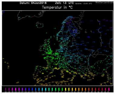 Temperature Europa ore 13z del 4 Gennaio 2016. Fonte wetterzentrale.de