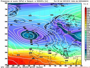 Sisuazione sinottica del nostro modello di calcolo gfs, temperature a 850 hPa ore 06z del 4 Gennaio 2016. 