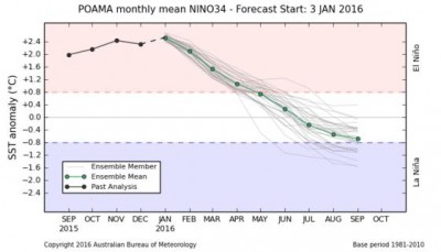 Outlook di El Niño, che dopo aver raggiunto il suo picco massimo tenderà ad attenuarsi nella prima parte del 2016