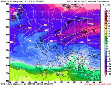 Modello GFS elaborato dal nostro centro di calcolo - Pressione al livello del mare e geopotenziale a 500hPa per le 00Z del 07 gennaio 2016 