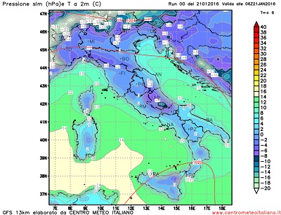 Modello GFS elaborato dal nostro Centro di Calcolo - Temperature a 2m hPa alle 06Z del 21 gennaio 2016