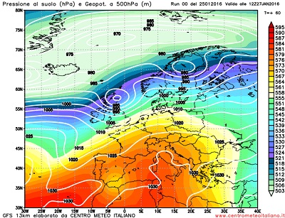 Modello GFS elaborato dal nostro centro di calcolo - Pressione al livello del mare e geopotenziale a 500hPa per le 00Z del 27 gennaio 2016 