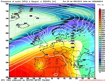 Modello GFS elaborato dal nostro Centro di Calcolo - Pressione al livello del mare e Geopontenziale a 500 hPa alle 18Z del 25 gennaio 2016 
